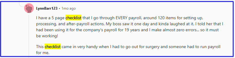 A reddit comment talking about creating a checklist to prevent mistakes and errors.