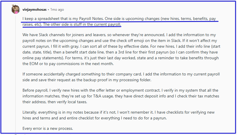 A reddit comment about organizing payroll information sources